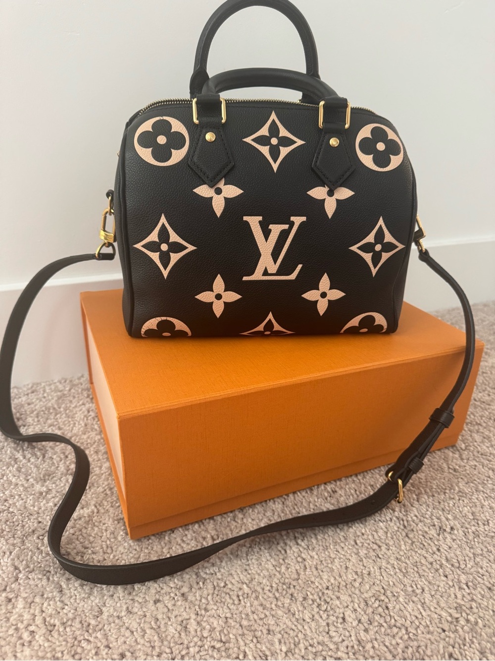 Louis Vuitton Black & Cream Monogram empreinte Speedy 25